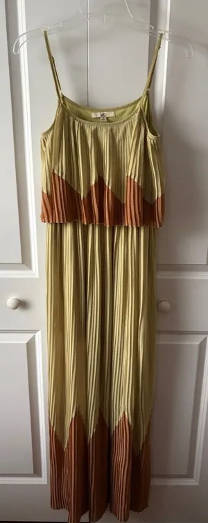 YA Los Angeles Pleated Maxi Dress in Pale Lime and Tan Women's Size Small thumbnail 1
