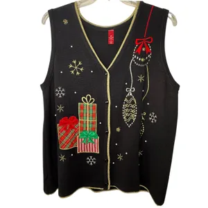 Holiday Time Christmas Sweater Vest Womens 2X 20 Black Gold Embroidered‎ Beaded thumbnail 12