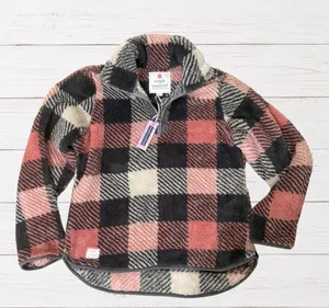 Simply Southern Buffalo Plaid Sherpa Fleece Quarter Zip Pullover Pink Small NWT thumbnail 1
