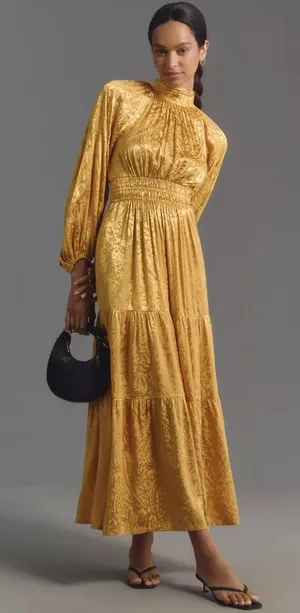 NWT by Anthropologie The Somerset Maxi in Yellow Satin Mock-Neck Edition Dress M thumbnail 1