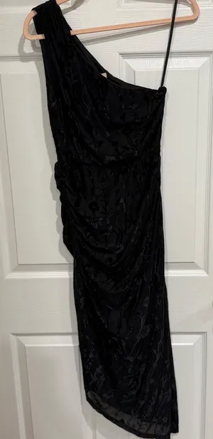Hutch Black Velvet Burnout Floral One Shoulder Ruched Midi Small S thumbnail 1