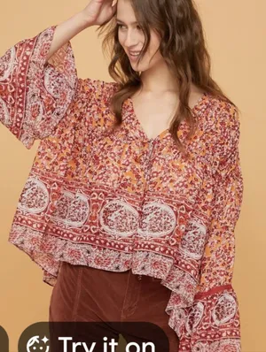 Free People Lorienne Rust and Pink Floral Border Peasant Blouse Boho Small thumbnail 8