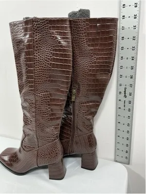 Womans Suedi Knee High Boots Brown Croc Faux Leather 8 Block Heel 1/2 Zip NWOT thumbnail 5