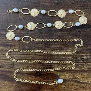 Gold Y2K Faux Pearl Coin Medallion Chain Belt, Fits 17 to 43.5 Inches, X7GA1310 thumbnail 5