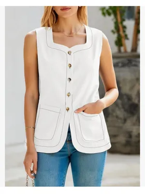 NEW Cream Square Neck Denim Vest Button Down Sleeveless Jean Waistcoat M thumbnail 3