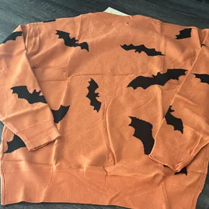 Halloween Bat Pattern Orange Sweater Size M thumbnail 3