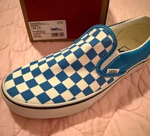 Vans Kids or Woman’s Slip-On Checkerboard Sneakers — Blue & White thumbnail 1