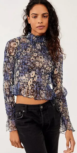 Free People Hello There Top‎ Blouse Smocked Flare Sleeve Mesh Floral Blue Large thumbnail 1