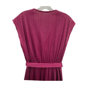 Vintage‎ Women's Plunging V Neck Wrap Midi Dress Metallic Belted Pleated Pink S thumbnail 4