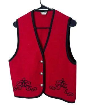 Vintage L.L.‎ Bean Wool Vest Women's Medium Red Black Embroidered Sleeveless thumbnail 1
