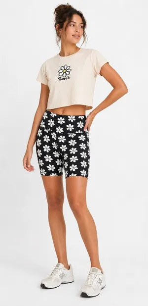 Levis Womens 2 Piece‎ Set Peach Daisy Crop Top Black Floral Biker Shorts Small thumbnail 1