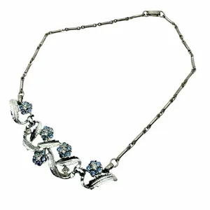 Vintage Blue Rhinestone Floral Leaf Statement Necklace Silver thumbnail 6