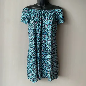 Vintage‎ Beach XS Teal Pink Leopard Off Shoulder Mini Dress Animal Print Summer thumbnail 2