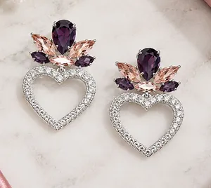 Sparkling Heart Drop Earrings with Purple and Blush Crystals thumbnail 1