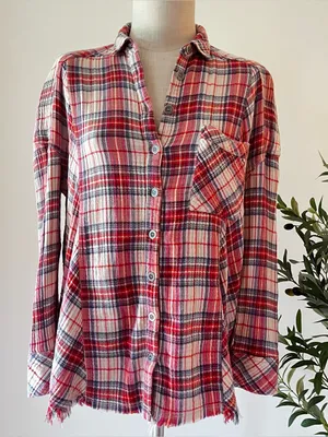 Free People Red Plaid Button-Up Shirt Cotton Gauze crinkle thumbnail 1