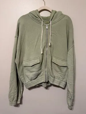 aerie Olive Green Zip Front Hooded Bomber Jacket thumbnail 1