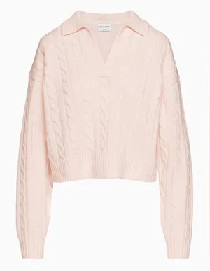 Aritzia Sunday Best Merino Wool Cotton Lottie Cable Knit Cropped Polo Sweater XS thumbnail 1