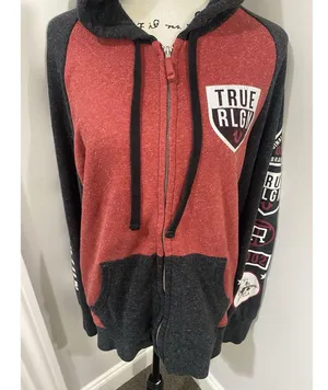 Unisex Raglan True Religion Sz M Red Zip Up Hoodie Sweatshirt thumbnail 6