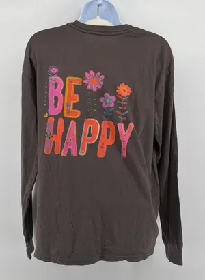 Natural Life Be Happy Floral Graphic Long Sleeve Tee Medium Charcoal Gray Boho thumbnail 1