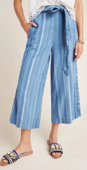 Anthropologie Blue Striped Cropped Wide-Leg Linen Pants Size Medium thumbnail 1