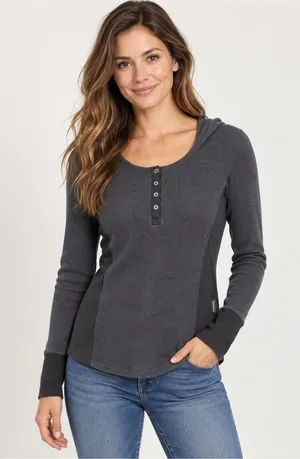 Columbia Charcoal Gray Waffle Knit Henley Hoodie Top Size Large thumbnail 1