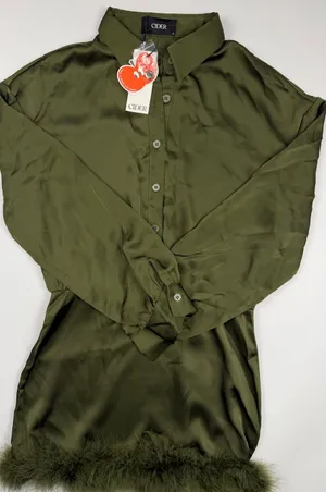 NWT Cider Olive Green Satin Button-Up Dress with Feather Hem thumbnail 1