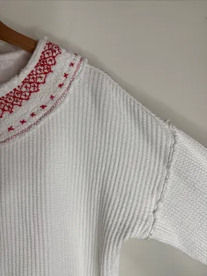 Free People Embroidered Holly Henley Thermal Waffle Knit White HenleyTee size L thumbnail 6