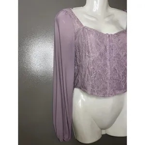 Kirious Blouse Womens Medium Purple Lace Square Neck Long Sleeve Cropped Top thumbnail 3