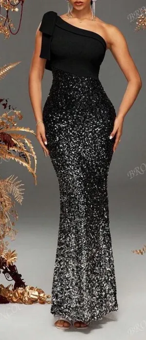 Black And Silver One Shoulder Prom Dress thumbnail 1