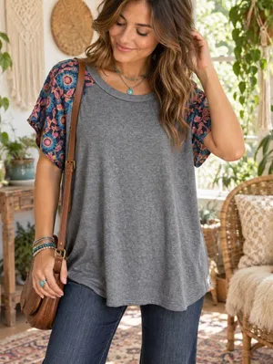 Natural Life Classic Gray and Floral T-Shirt Flowy Boho Size Medium thumbnail 1
