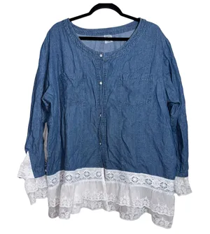 Blue Chambray Denim Button Down Top White Lace Ruffle Hem Boho XXL thumbnail 1