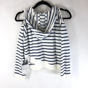 Nowadays Womens Sweatshirt Cold Shoulder Hooded Asymmetric Striped Blue White L thumbnail 2