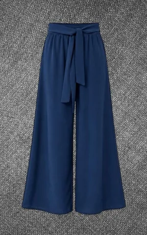 Papaya Navy Blue High Waist Wide Leg Tie Waist Pants thumbnail 1