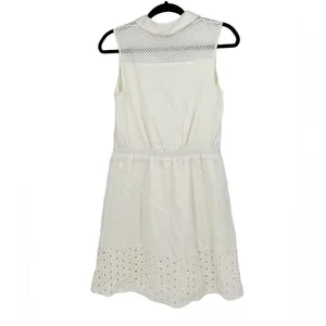 Elle White Eyelet Cotton Shirtdress Sleeveless Button Down Drawstring‎ Mini Sz S thumbnail 3