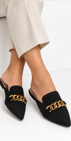 CUCCOO Black Pointed Toe Mule Flats Gold Chain EU 41 US 10-10.5 thumbnail 1