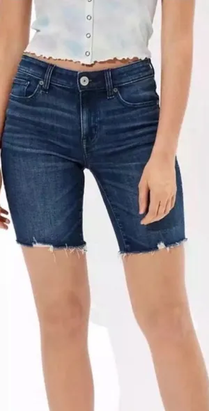 American Eagle Super Stretch Dark Wash Raw Hem 10” Skinny Bermuda Jean Shorts 8 thumbnail 1