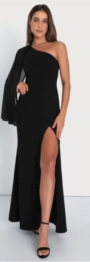 LULU's Sexy Prom Wedding Sophisticated Elegant One Shoulder Cape Maxi Dress thumbnail 1
