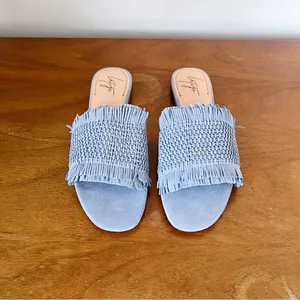 Latigo • Anthropologie Sofie Fringed Slide Sandal woven mules flat blue suede thumbnail 2