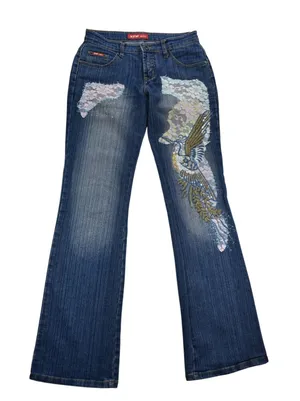 XFN Jeans Womens Blue Embroidered Peacock Lace Sequin Bootcut Denim Pants 27x31 thumbnail 1