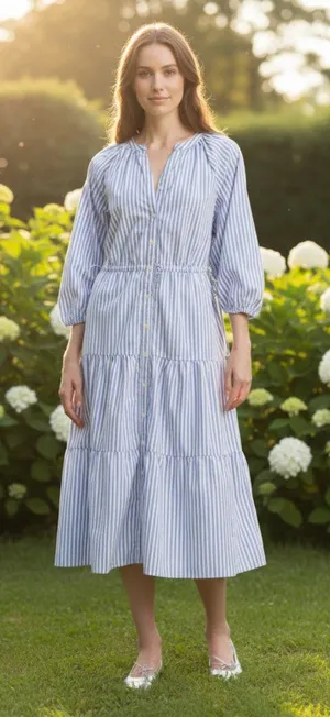 NWT Levi's Cecile Striped Tiered Midi Dress Blue White Button Front Puff Sleeve thumbnail 1