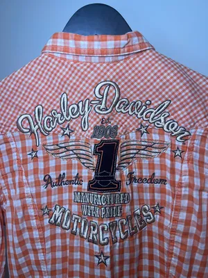 Harley Davidson Orange Gingham Snap Shirt‎ Embroidered Back Small thumbnail 7