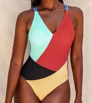 Colorblocked Strappy V Neck Bikini thumbnail 1