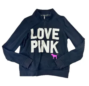 Vtg Y2K Victoria's Secret PINK 'Love Pink' Half Zip Sweatshirt Size L Black thumbnail 1