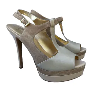 Jessica Simpson Nude Elso Dusty Taupe Open Toe Leather Suede T-Strap Heels thumbnail 1