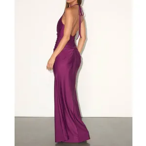 NEW Lulus Zaniya Plum Ruched Halter Open Back Jersey Mermaid Maxi Dress Large thumbnail 6