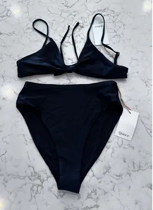NWT Quince Black Knot Tie Bikini Top & High Rise High Leg Bottom Set Size Medium thumbnail 1