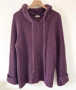 Oversized Chunky Purple Knit Hoodie Size M thumbnail 1