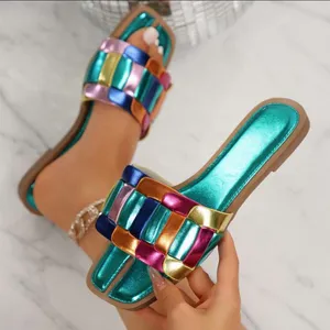 Women’s Metallic Slide Sandals – Color Block Woven Strap, Flat Comfort thumbnail 4