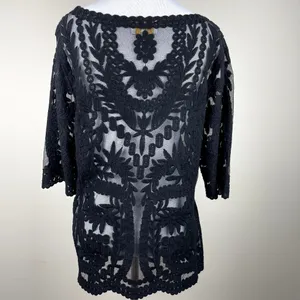 Laundry by Shelli Segal Blouse‎ Large Black Lace Brocade Over Mesh Scalloped Hem thumbnail 6