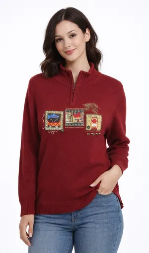 Y2K Kitschy Embroidered Sweater Cottagecore Cabin Lantern Fish Motif Zip Neck thumbnail 1